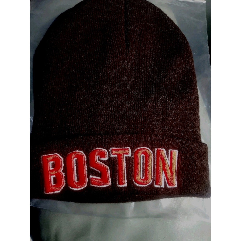 Boston Winter Beanie Hat Cap Ski Snowboarding Brown W/ Red Thick Embroidery NEW